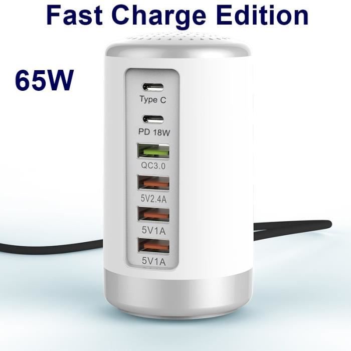 Chargeurs,Tongdaytech 65W Multi 6 ports USB chargeur rapide HUB Charge rapide QC 3.0 Type C PD chargeur USB - Type EU-65W White