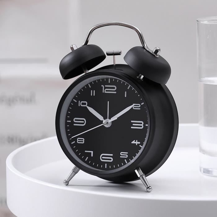 4 pouces horloge Reveil matin lumineux, Reveil mecanique silencieux, Réveil à cloche quartz, Reveil matin enfant a piles, Noir