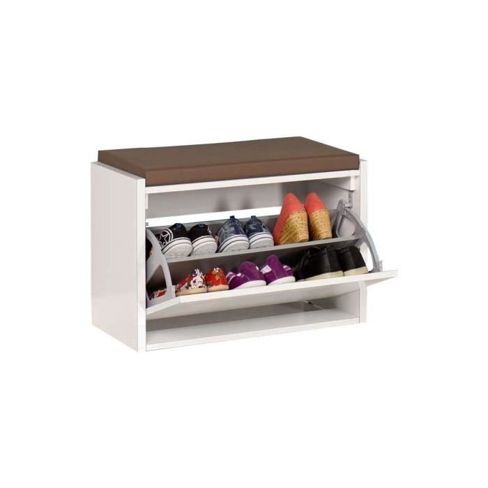OTTOMAN RANGEMENT CHAUSSURE 2 NIVEAUX BLANC+ ASSIS 64X45X31