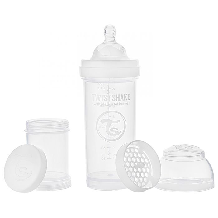 Twistshake Biberon anti-colique avec récipient à lait en poudre et mélangeur - 330 ml - Biberon sans BPA - 4+ mois - Blanc