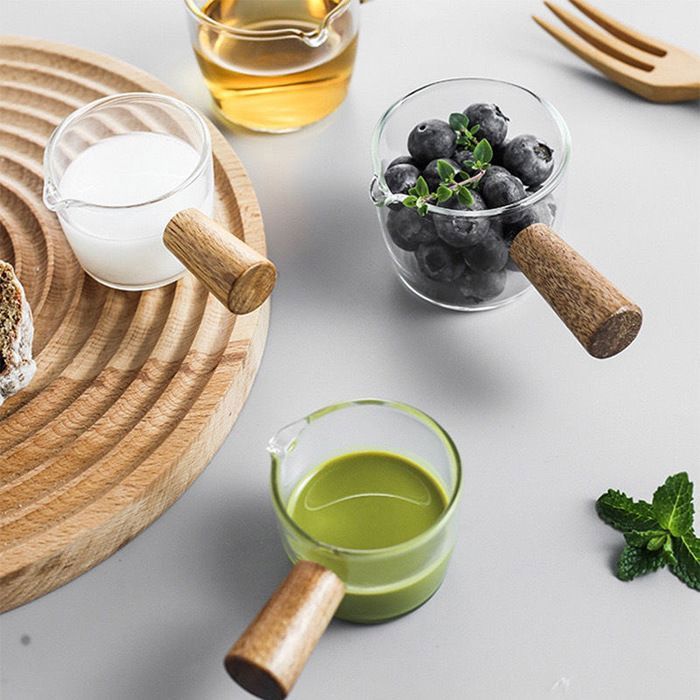 Crémiers en Verre Clair avec Manche en Bois Mini Pichet à Sauce-Pot à Café pour Crémier à Lait-Pichet de Service-Crémier (S) [84]