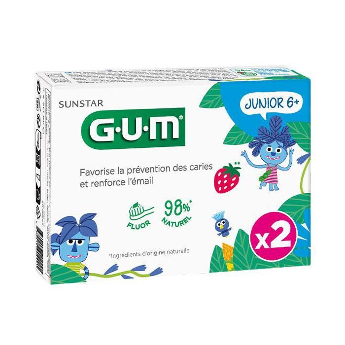 Dentifrice Junior - GUM - Lot de 2 x 50ml - Goût fraise - Prévention des caries - Formule douce
