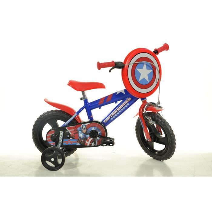 Velò Enfant Dino Bikes Captain America 12 Pouces Frein Avant et Stabilisateurs Bleu