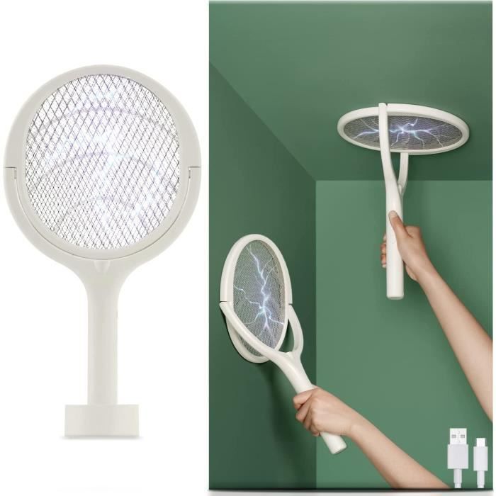 Anti Moustique Raquette Electrique Insectes Raquette Moustique Electrique Tête Rotative USB Rechargeable Tapette à Mouche électrique