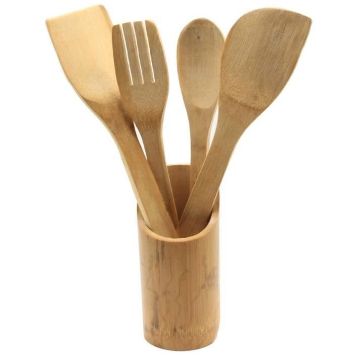 Lot de 4 ustensiles de cuisine en bois avec support,182