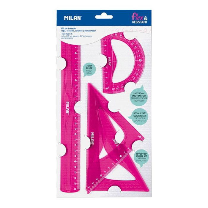 Set de traçage - Règle - Equerres - Rapporteur - Rose - Plastique - Milan