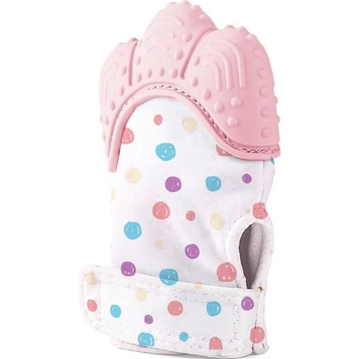 Babyjem Gant de dentition pour bébé, gant de dentition en silicone, jouets de gratte-dents en motif main, sans BPA, rose-blanc