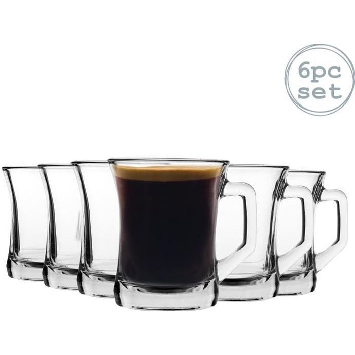 LAV 6 pièces Zen + verre Tasse de café Set - style moderne Sqaure poignée thé - café Lunettes - Clair - 225ml