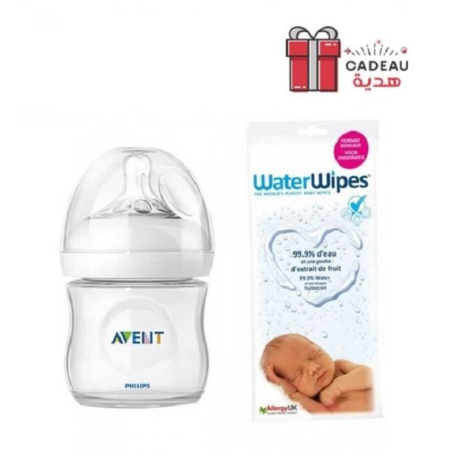 Avent - SCF671-17 - Biberon en Verre Natural - 120ml + + Waterwipes Lingettes Bébé 10Pièces Offerte