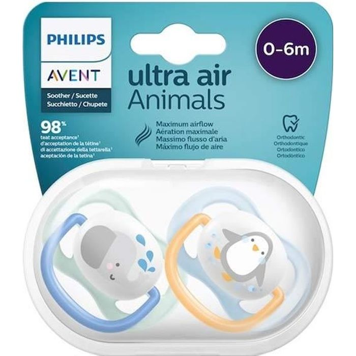 Sucette - PHILIPS AVENT - Symétrique Ultra Air +0m - Bleu - Tétine plate - Lot de 2