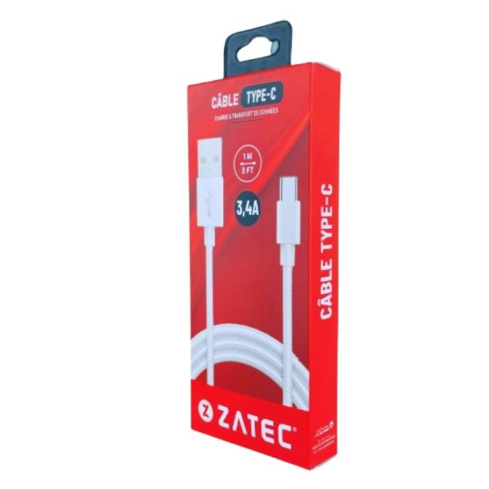 ZATEC Z-29 - Câble Type C 1M -  Ultra Résistant pour Smartphone / Tablette / PC - 3.4 A - Blanc