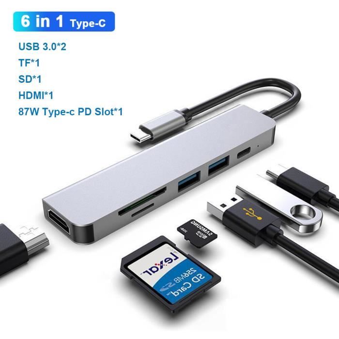 Batterie ordinateur portable,Hub USB,Type-C vers HDMI 4K,RJ45,Lecteur de carte SD-TF,Charge Rapide PD,Thunderbolt - 6-in-1[E691]