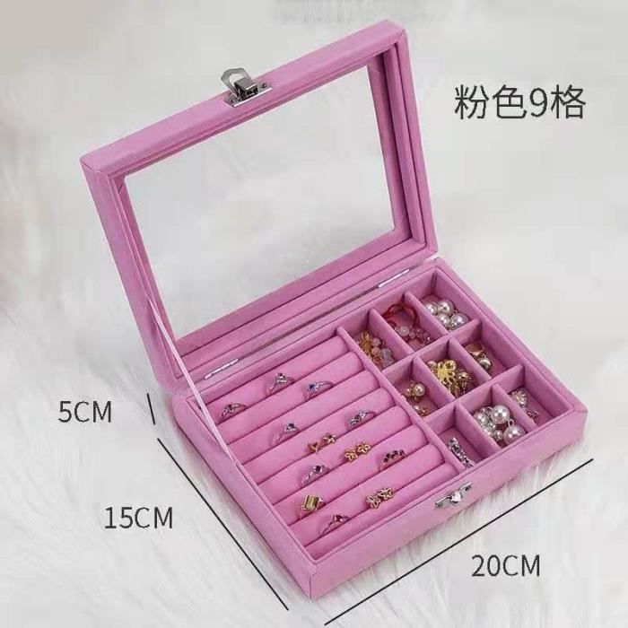 Boîte de rangement - Rose - Petite boîte à bijoux - Verre transparent - Tissu floqué - 20x15x5cm