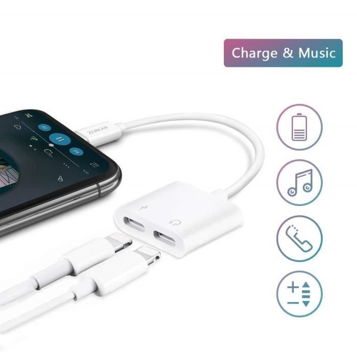 2 en 1 Lightning Audio + adaptateur chargeur pour Apple, iPhone X-iPhone 8-iPhone 7 Dual Lightning adaptateur casque audio et de