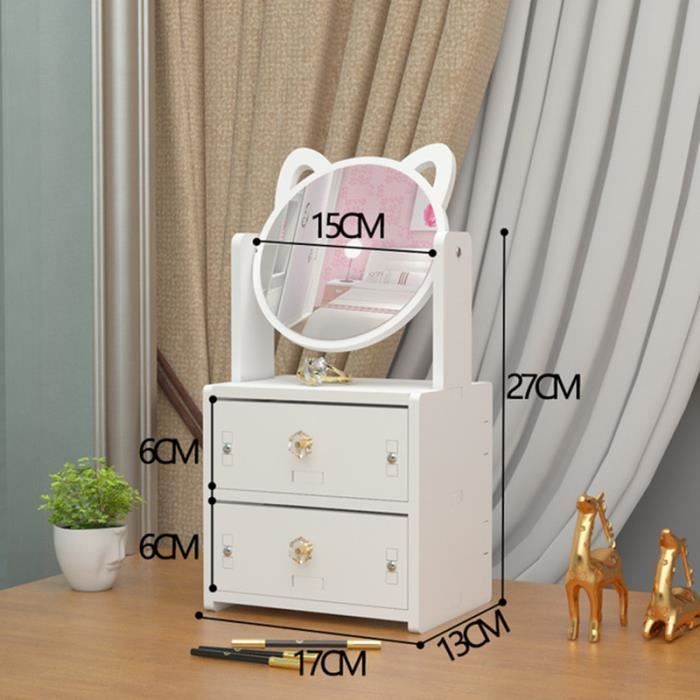 Boîte Maquillage, Boîte de rangement, avec 2 tiroirs et 1 miroir, Maquillage Organisateur Boîte, Miroir de courtoisie - blanc