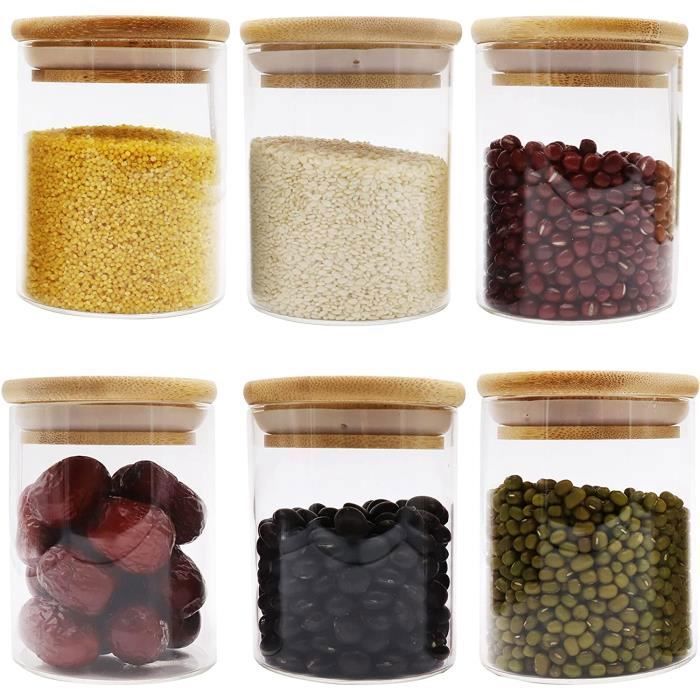 Lot de 6 bocaux en verre avec couvercles en bambou avec anneaux en silicone hermétiques pour la cuisine, les céréales, les confiture