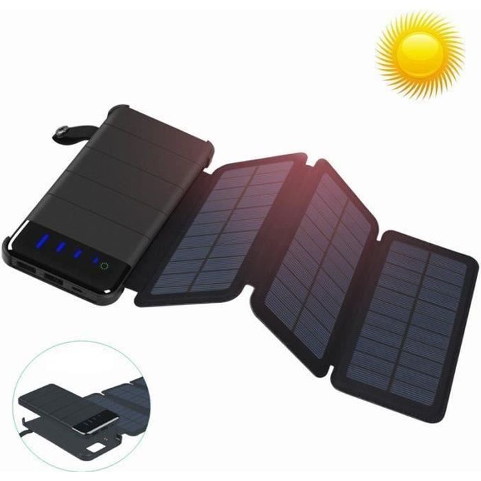 Batterie Externe Chargeur Solaire 10000mAh Portable avec 3Panneaux, Imperméable Power Bank avec 2 USB, Panneau solaire amovible
