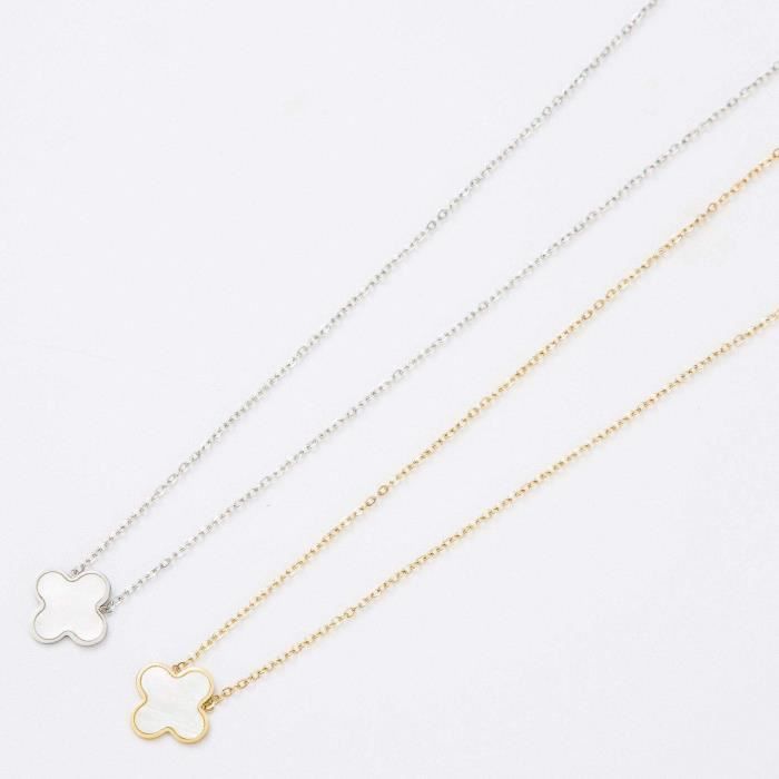Collier court trefle nacre - Argent
