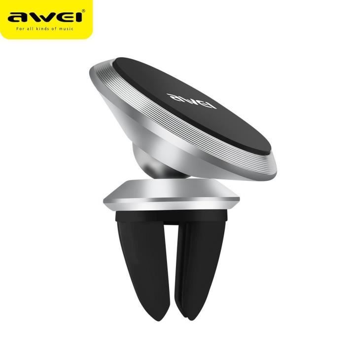 Support téléphone magnétique voiture AWEI X5 gris sur grille d'aération - support magnétique puissant avec rotation 360° - iPhone,