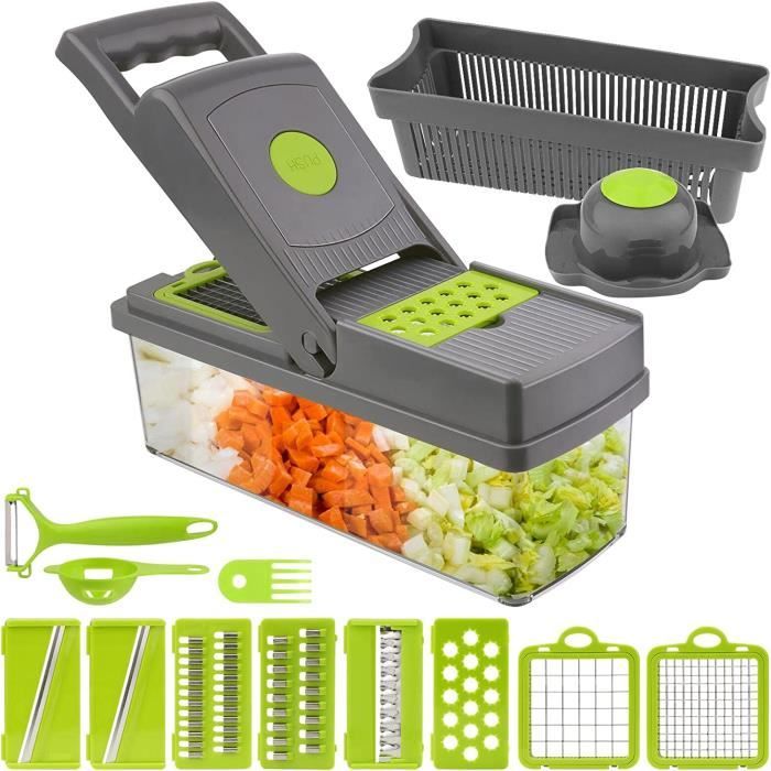 Coupe-légumes multifonction 14 en 1 – Mandoline avec bac, panier, râpes, lames interchangeables et éplucheur