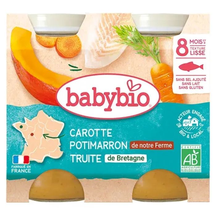 Babybio - Petit Pot Bébé Carotte Petit Pot Bébéimarron Truite - Bio - 2x200g - Dès 8 mois