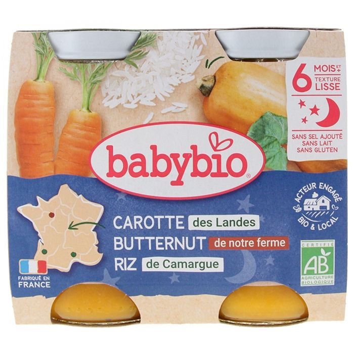 Babybio - Petit Pot Bébé Bonne Nuit Carotte Courge Butternut Riz - Bio - 2x200g - Dès 6 mois