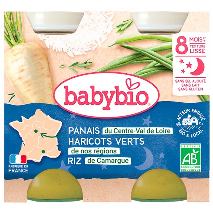 Babybio - Petit Pot Bébé Bonne Nuit Panais Haricots verts Riz - Bio - 2x200g - Dès 8 mois