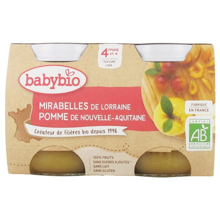Babybio - Petit Pot Bébé Mirabelle Pomme - Bio - 2x130g - Dès 4 mois