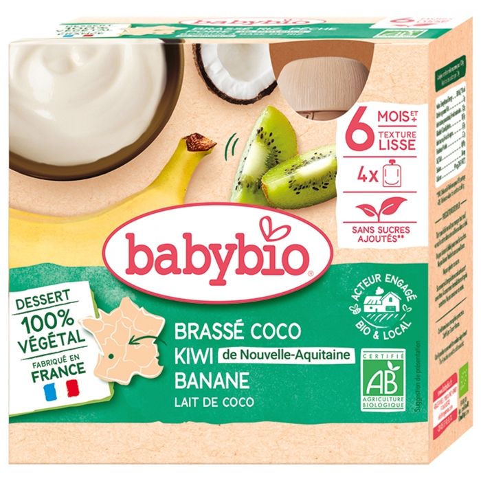 Babybio - Gourde Brassé Lait de coco Kiwi Banane - Bio - 4x85g - Dès 6 mois