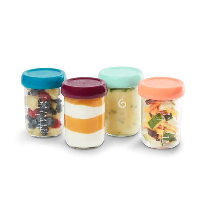 BABYMOOV Babybols lot 4 pots de conservation bébé en verre 220ml, couvercles hermétiques & réinscriptibles, gradués