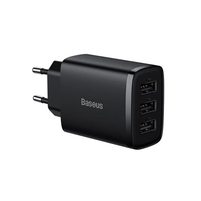 Chargeur Secteur USB Baseus Compact 17W - 3 Ports USB-A - Adaptateur Mural Universel Rapide - Noir