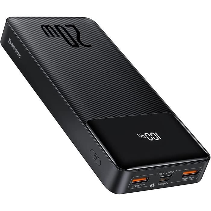 Batterie Externe 10000mAh Baseus-PD 20W-Affichage Numérique-Lampe LED-Double USB+Type C+Micro Ports-Noir