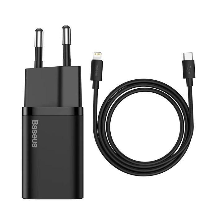 Baseus Chargeur Secteur Rapide 20W + Câble USB-C Lightning pour iPhone 13 12 Pro Max 11 Mini 8 Plus Noir