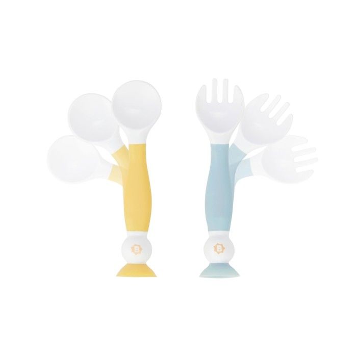 Badabulle Couverts d'apprentissage flexibles à 90° dans les 2 sens - Contient 1 Fourchette et 1 Cuillère - A partir de 6 mois