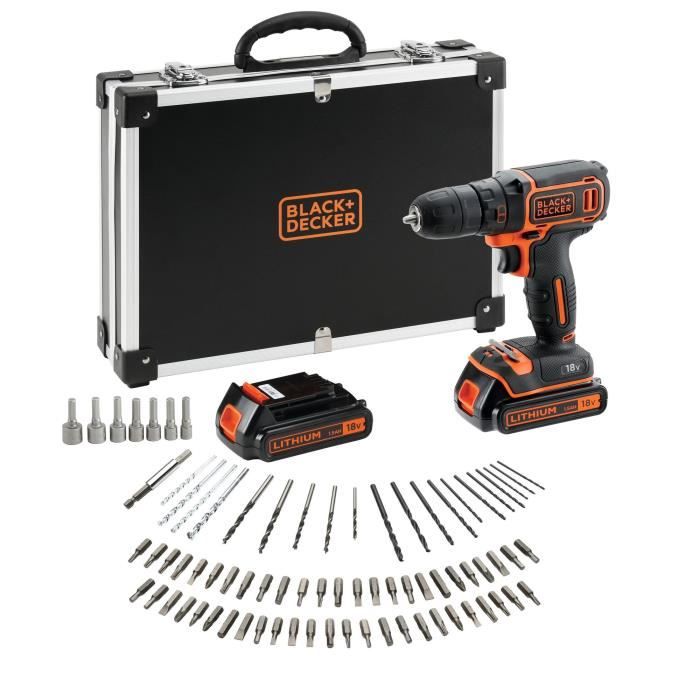 BLACK+DECKER Perceuse Visseuse Sans Fil 18 V Li-Ion avec Chargeur BDCDC18BAFC-QW avec 80 Accessoires, 2 Batteries 1,5 Ah, 1 Coffret