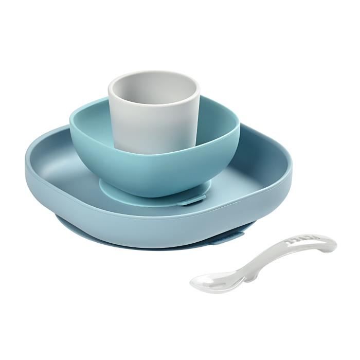 BEABA, Coffret repas Silicone Bébé, Avec Ventouse, Anti-dérapant, 4 Pièces, Assiette + Bol+ Verre + Cuillère, Jungle