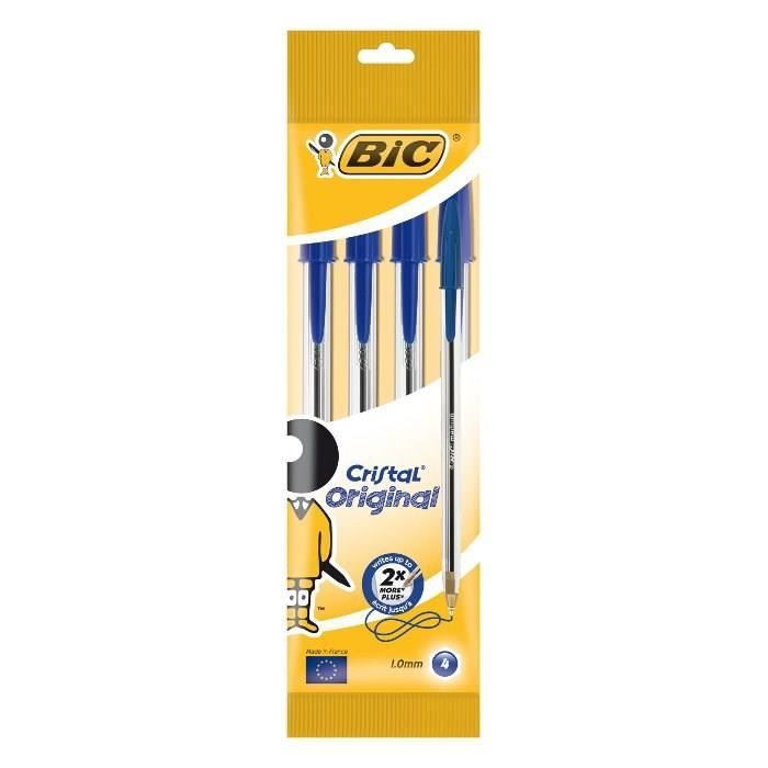 BIC® - Lot de 4 Stylos à bille Cristal® Original - Encre bleue