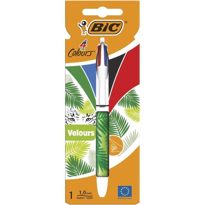 BIC 4 Couleurs Velours Stylo-Bille Rétractable Pointe Moyenne (1,0 mm) - Motif Jungle (sans choix possible), Blister de 1