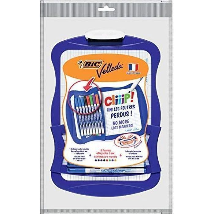 BIC Velleda Ardoise Ecolier Double Face (21 x 31 cm) Effaçable à Sec avec 8 Feutres Effaçables à Sec et Effacette - Bleue, Lot de 1