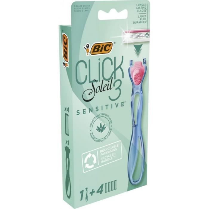 BIC Click Soleil 3 Sensitive Rasoir Féminin 3 Lames Mobiles Kit 1 manche + 4 recharges