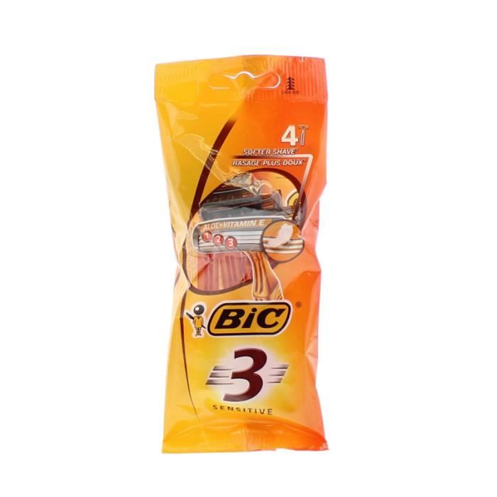 Rasoirs jetables - Bic - Sensitive 3 Lames - 4 unités - Tête fixe - Pour homme