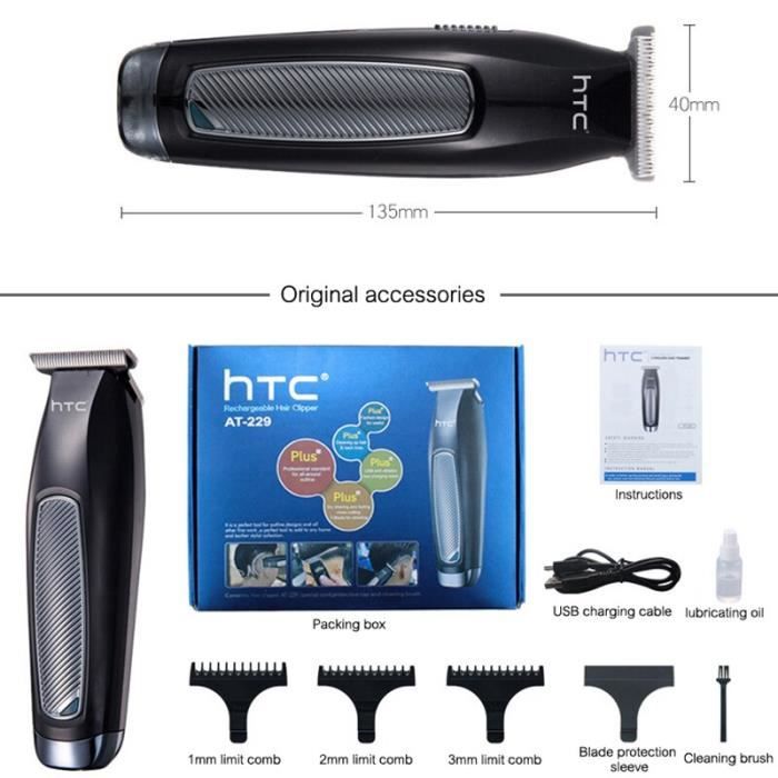 Noir tondeuse à cheveux professionnelle hTc pour hommes, avec lame en forme de T, sans fil, avec gravure et l