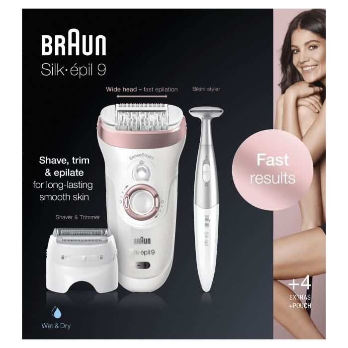 Braun Silk-épil 9 Épilateur Électrique Femme, Une Épilation Longue Durée Blanc/Or Rose, Épilation Sans Fil Wet & Dry, 9-890