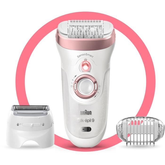 Braun Silk-épil 9 Épilateur Électrique Femme, Tête De Rasage Et Tondeuse Blanc/Or Rose, Wet & Dry, 9-720