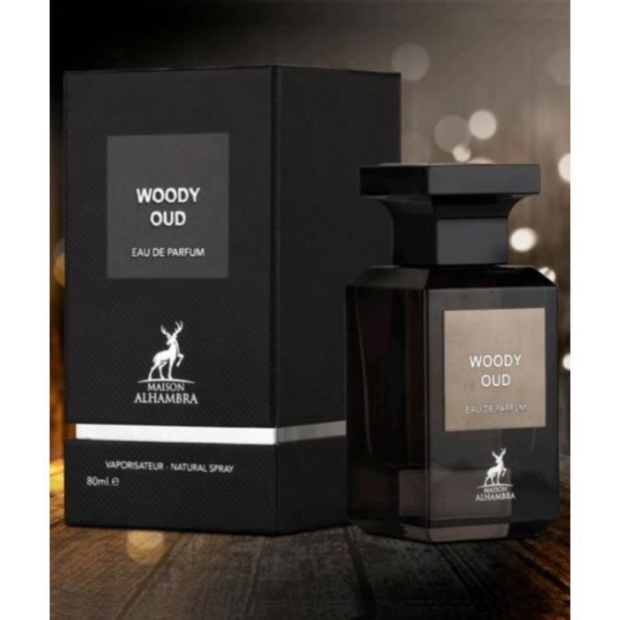 Eau de Parfum WOODY OUD 80ml de Alhambra Parfum Arabian de Dubai Notes de Fève tonka, Ambre, Vétiver, Oud , Cardamone, Baie Rose