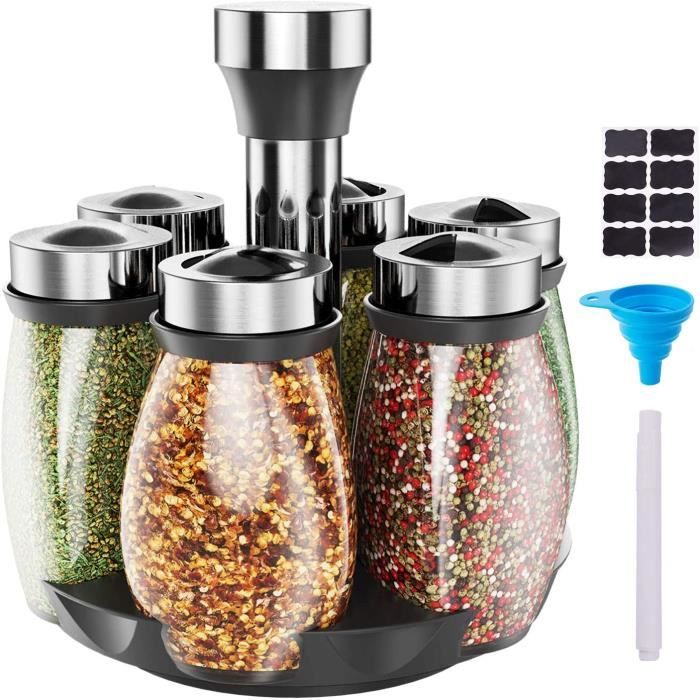 Pots à Épices en Verre,Carrousel à épices rotatif avec 6 Pots à Épices, Bocaux pour Rangement d'épices avec 360° Comptoir Tournant