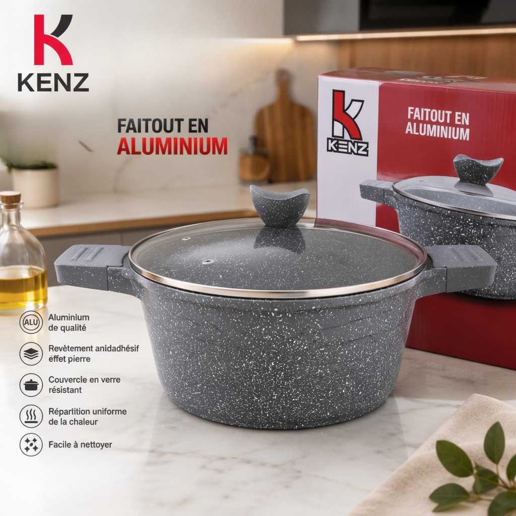 Kenz Faitout en Aluminium 32 cm Couvercle en Verre et Revêtement Granit Antiadhésif, JSH-9635/32 - Marjane Mall - Image 2