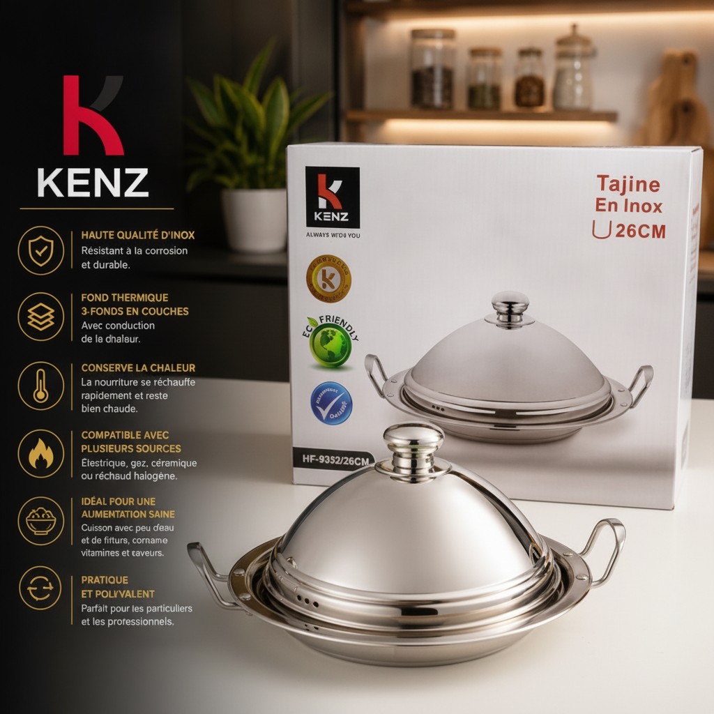 Kenz Tajine en Inox 26 cm Acier Inoxydable avec Fond Thermique Triple Couche, HF-9352 - Marjane Mall - Image 2