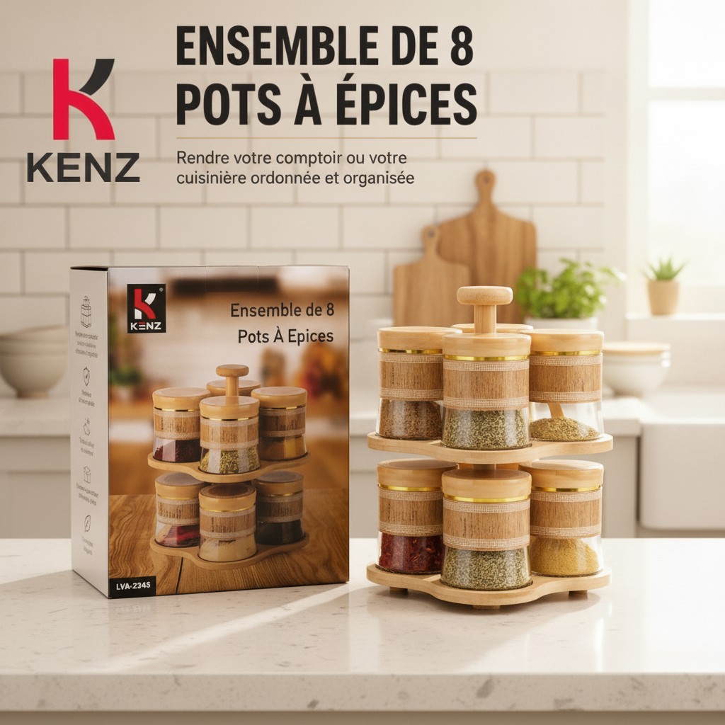 Kenz Ensemble de 8 Pots à Épices en Verre avec Support Rotatif, LVA-2345 - Marjane Mall - Image 3