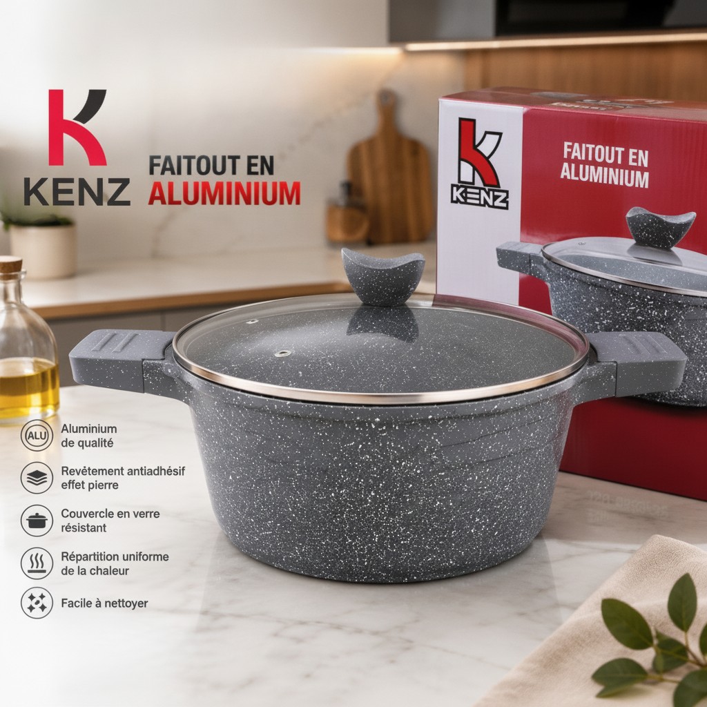 Kenz Faitout en Aluminium 28 cm Couvercle en Verre et Revêtement Granit Antiadhésif, JSH-9635/28 - Marjane Mall - Image 2